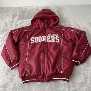 Vintage OKLAHOMA SOONERS Full Zip Jacket Mens Large Red G-III Hooded Insulated